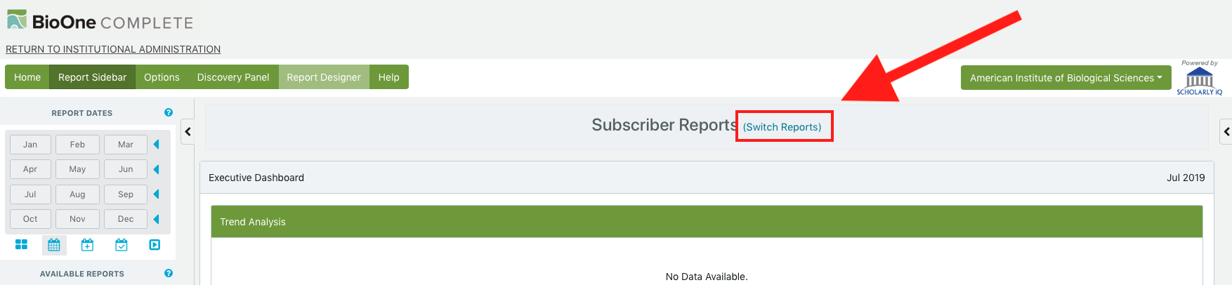 A screenshot of the top of the SIQ reporting interface. At the top of a dashboard is a header which reads Subscriber Reports. A red arrow points to the small link next to the title which says Switch Reports