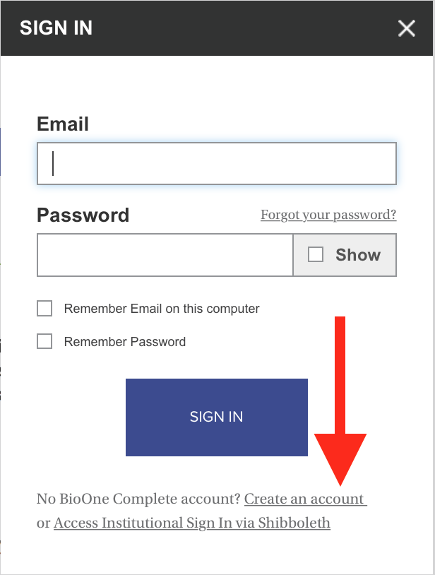 A screenshot of the Sign In pop-up, with a red arrow pointing to a link titled "Create an Account."