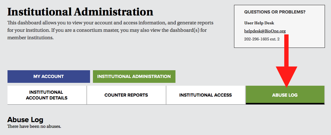 A screenshot of the institutional administration dashboard's navigational tabs. A red arrow points to the tab labeled Abuse Log.