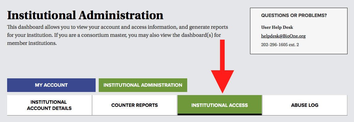 A screenshot of the navigation tabs in the institutional administrator dashboard, with a red arrow pointing to the tab labeled Institutional Access.