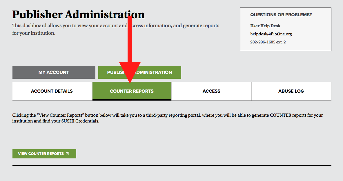 A screenshot of the Publisher Administration Dashboard. A red arrow points to the navigational tab labeled "COUNTER Reports."