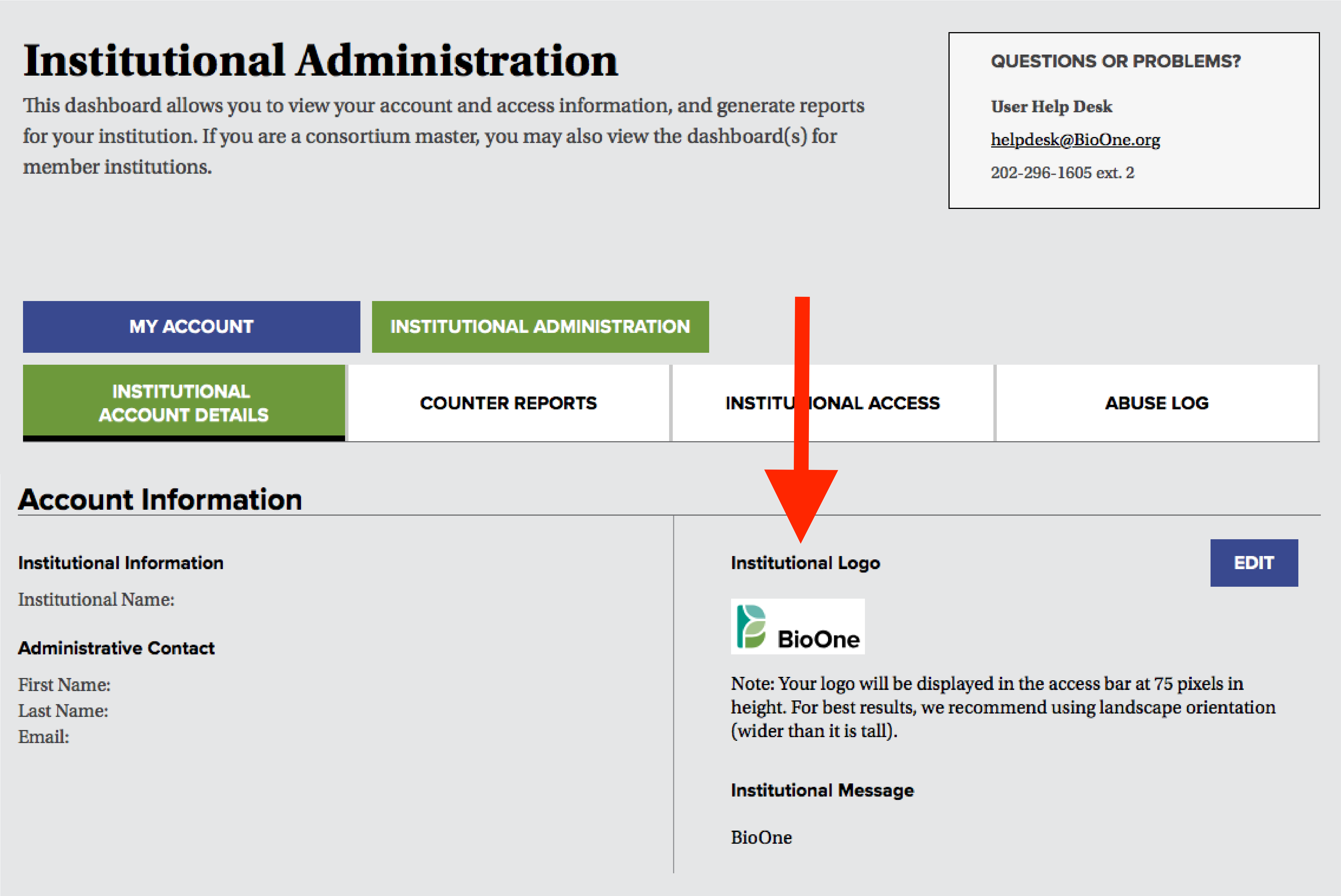 A screenshot of the institutional administration dashboard, with a red arrow pointing to the Institutional Logo section.