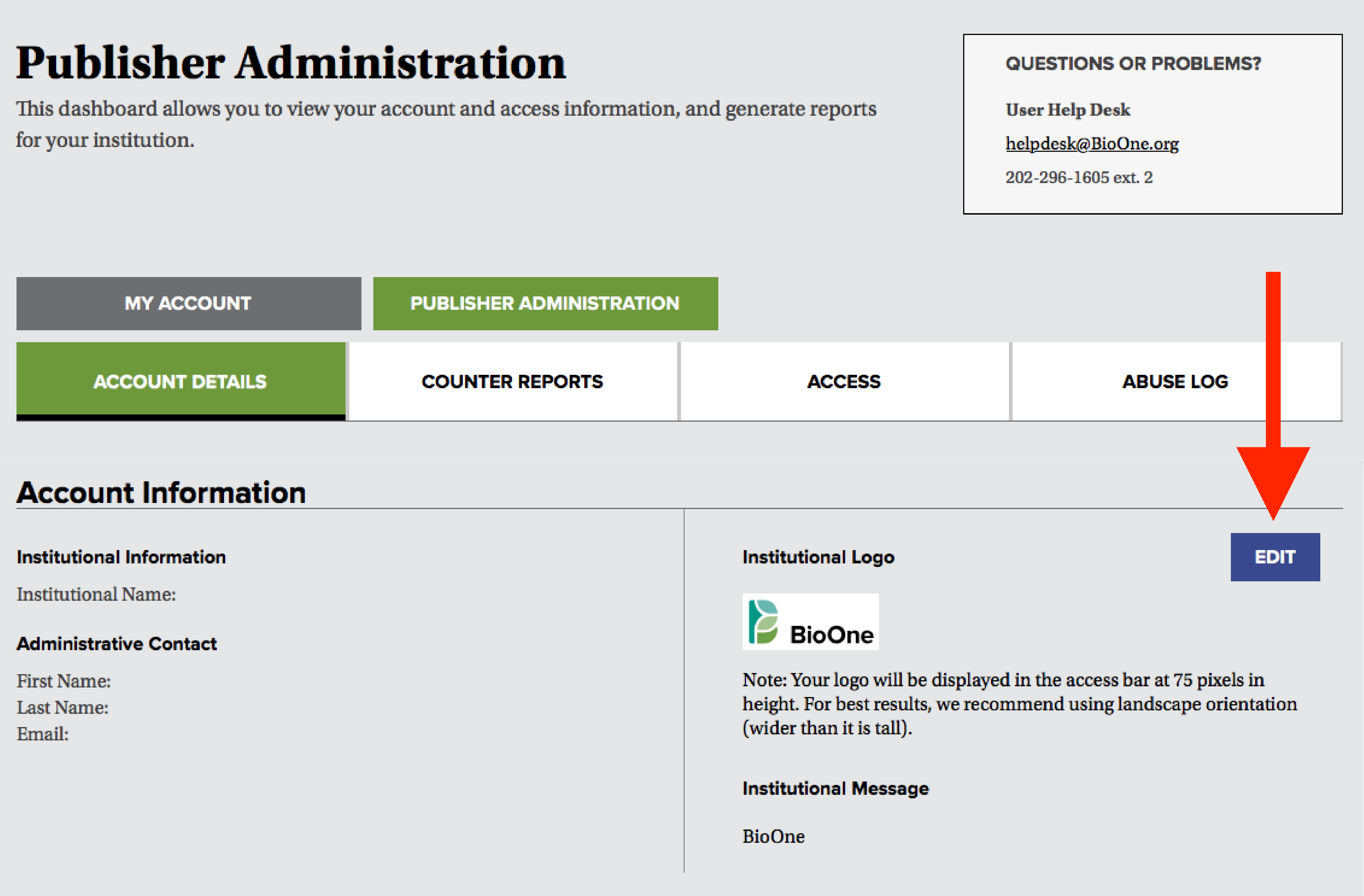 A screenshot of the Account Details tab in the Publisher Administration dashboard, with a red arrow pointing to the "Edit" button in the "Institutional Logo" section.
